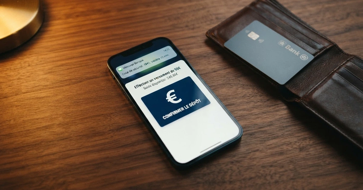 Un smartphone affichant l'écran de dépôt d'un casino en ligne avec une notification de code SMS reçue, posé à côté d'une carte bancaire rangée dans un portefeuille ouvert