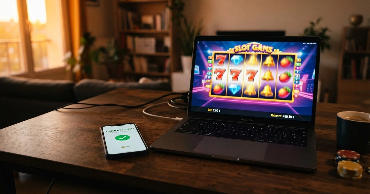 Un téléphone mobile affichant une confirmation de dépôt par SMS à côté d'une interface de casino en ligne sur un écran d'ordinateur