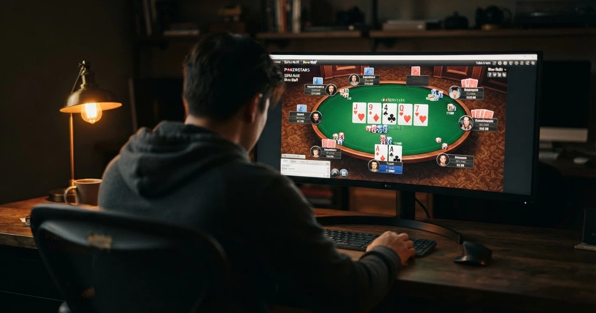 Un joueur assis devant un écran, une main de poker Texas Hold'em affichée, le logo de l'ANJ visible en filigrane discret dans un coin