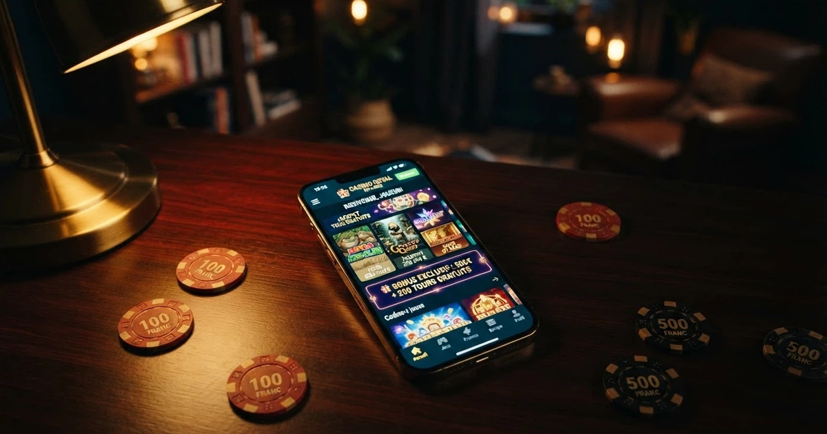 Interface d'un casino en ligne affichant une bibliothèque de machines à sous, une bannière de bonus de bienvenue et un menu de navigation en français