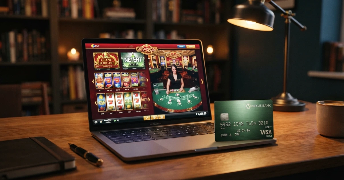 Comparaison de plusieurs casinos en ligne sur un écran, une carte American Express posée à côté d'un ordinateur portable