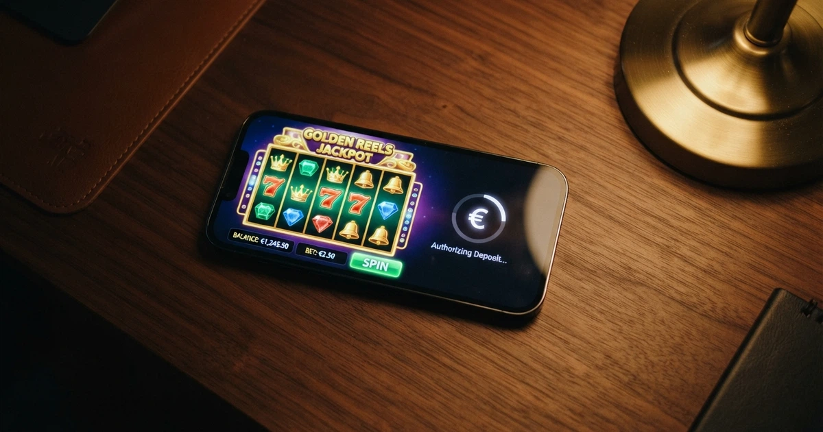 Un smartphone affichant l'interface Apple Pay avec le logo Face ID, posé à côté d'un écran de casino en ligne montrant une machine à sous