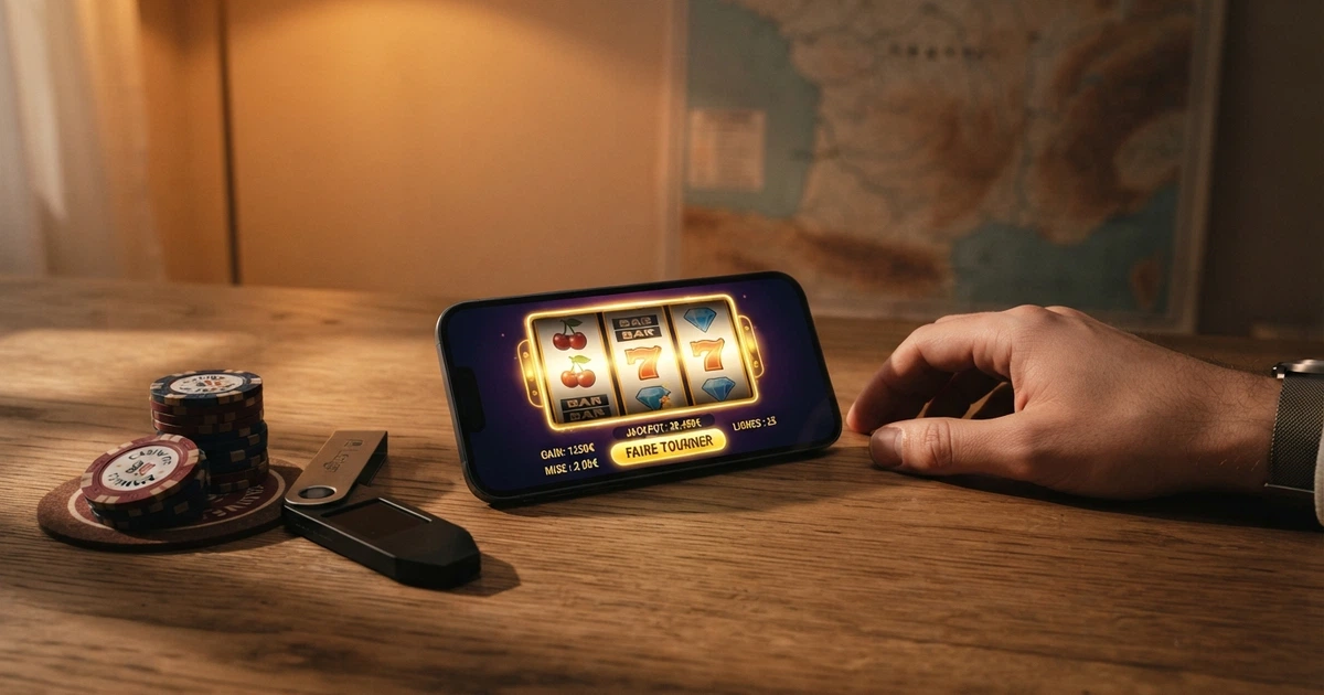 Un portefeuille Bitcoin posé à côté d'un écran affichant une interface de casino en ligne, avec des jetons de crypto et une carte de la France en arrière-plan flouté.