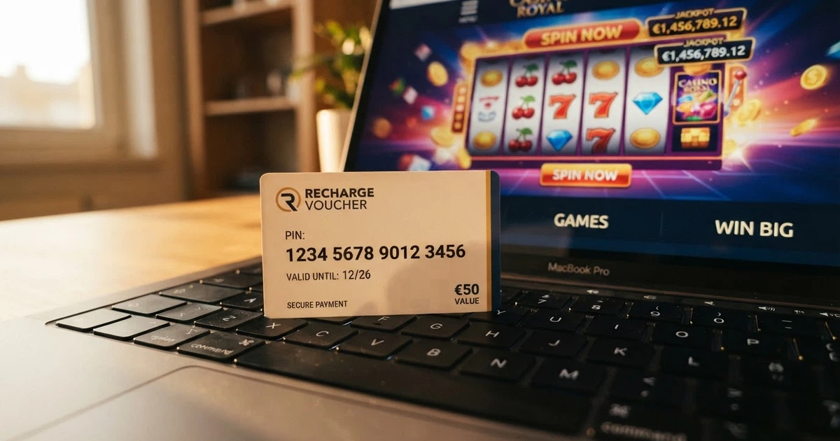 Un ticket Cashlib posé sur un clavier d'ordinateur, son code à 16 chiffres visible, devant l'écran d'accueil d'un casino en ligne