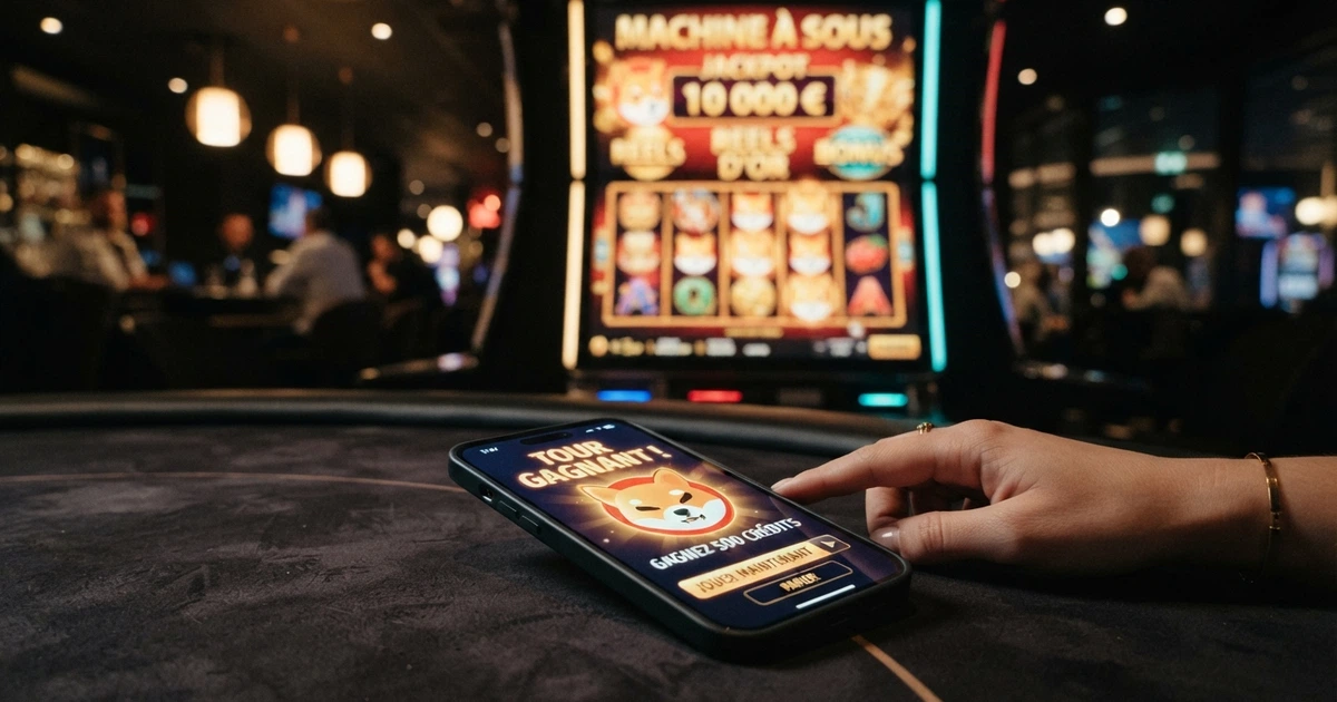 Interface d'un casino en ligne affichant un paiement en Dogecoin, avec des jetons DOGE et une machine à sous en arrière-plan