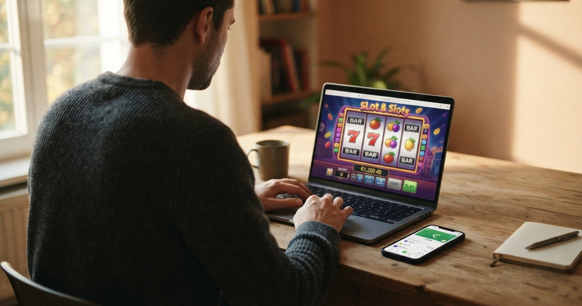 Un joueur consultant un casino en ligne sur son écran, un portefeuille électronique Payz visible sur son téléphone portable posé à côté du clavier