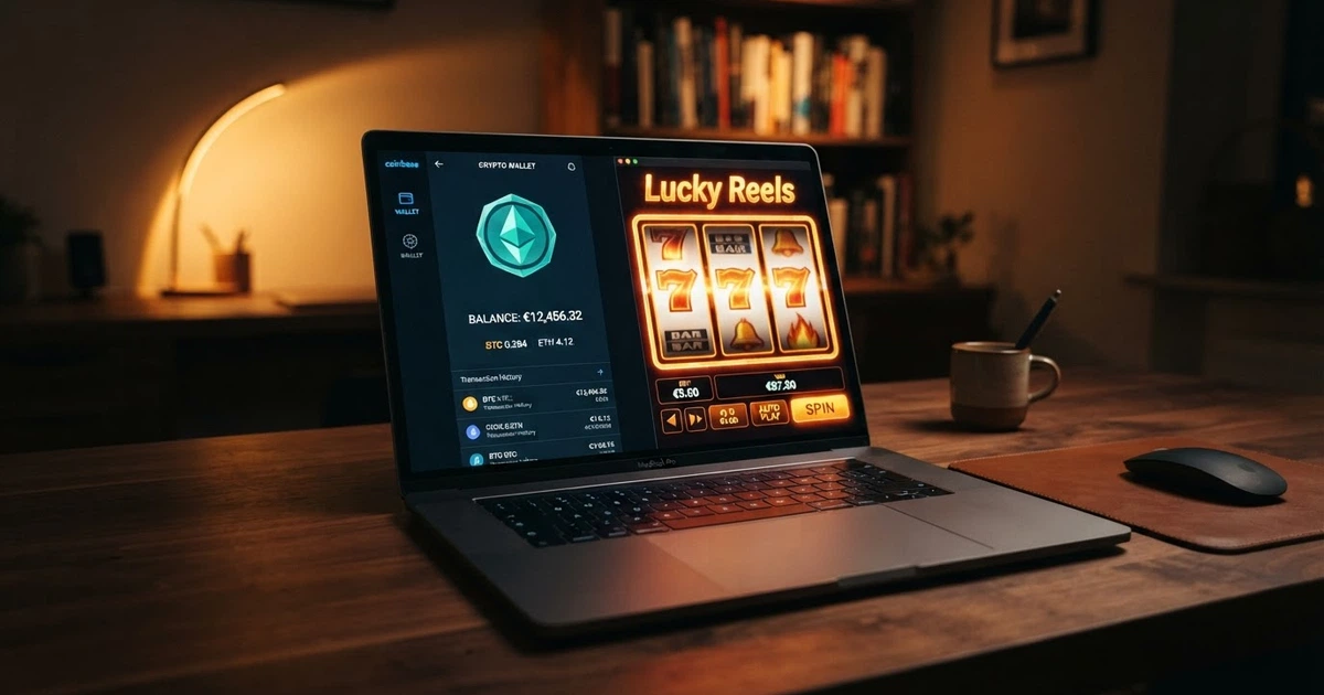 Un wallet Ethereum affiché sur l'écran d'un ordinateur portable, à côté de l'interface d'un casino en ligne montrant des machines à sous, avec le logo ETH visible dans le module de dépôt