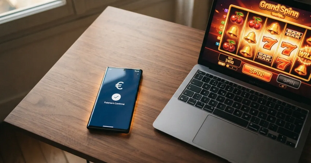 Un téléphone Android affichant l'interface Google Pay à côté d'un écran de casino en ligne avec des machines à sous colorées