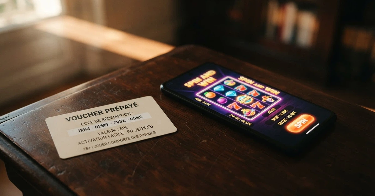Un voucher Jeton Cash posé à côté d'un écran de smartphone affichant l'interface d'un casino en ligne, sur fond sombre.