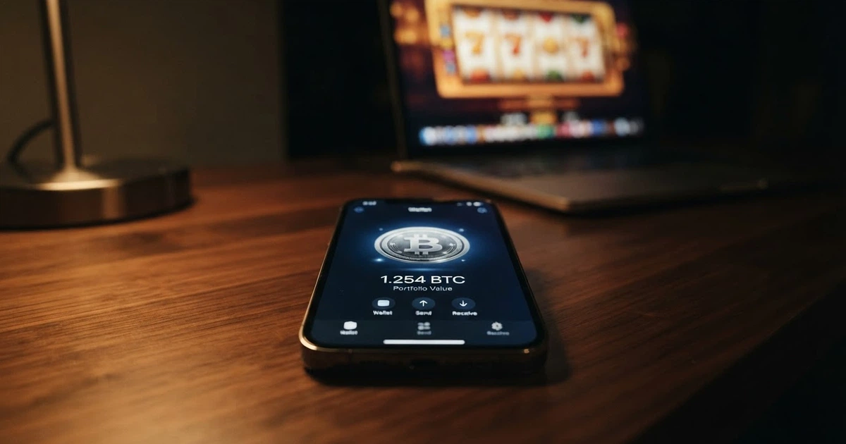 Un portefeuille de crypto-monnaies affiché sur l'écran d'un smartphone, avec le logo du Litecoin en évidence et l'interface d'un casino en ligne en arrière-plan.