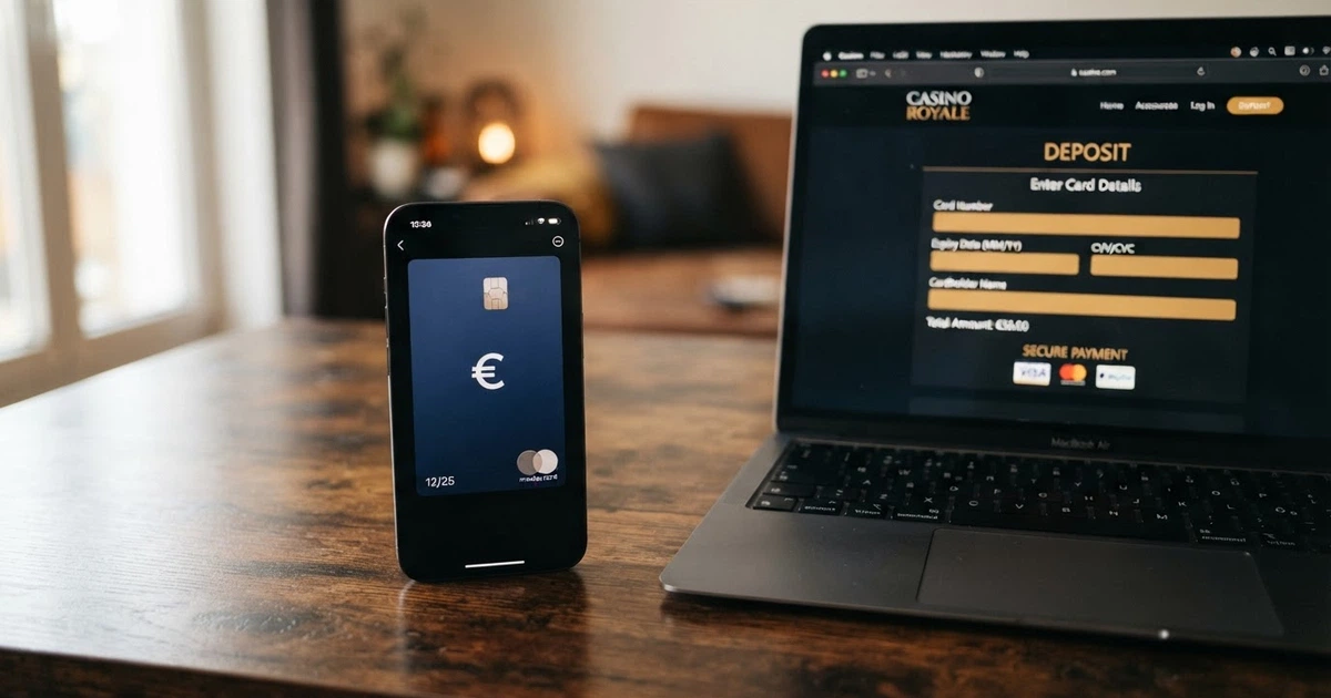 Interface de l'application Lydia/Sumeria sur un smartphone affichant une carte bancaire virtuelle, à côté d'un écran de casino en ligne montrant la page de dépôt par carte