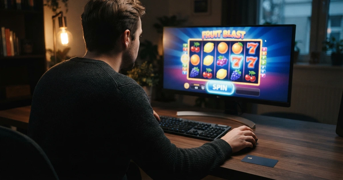 Un joueur devant son écran d'ordinateur, une carte Mastercard posée sur le bureau à côté du clavier, l'interface de paiement d'un casino en ligne ouverte à l'écran