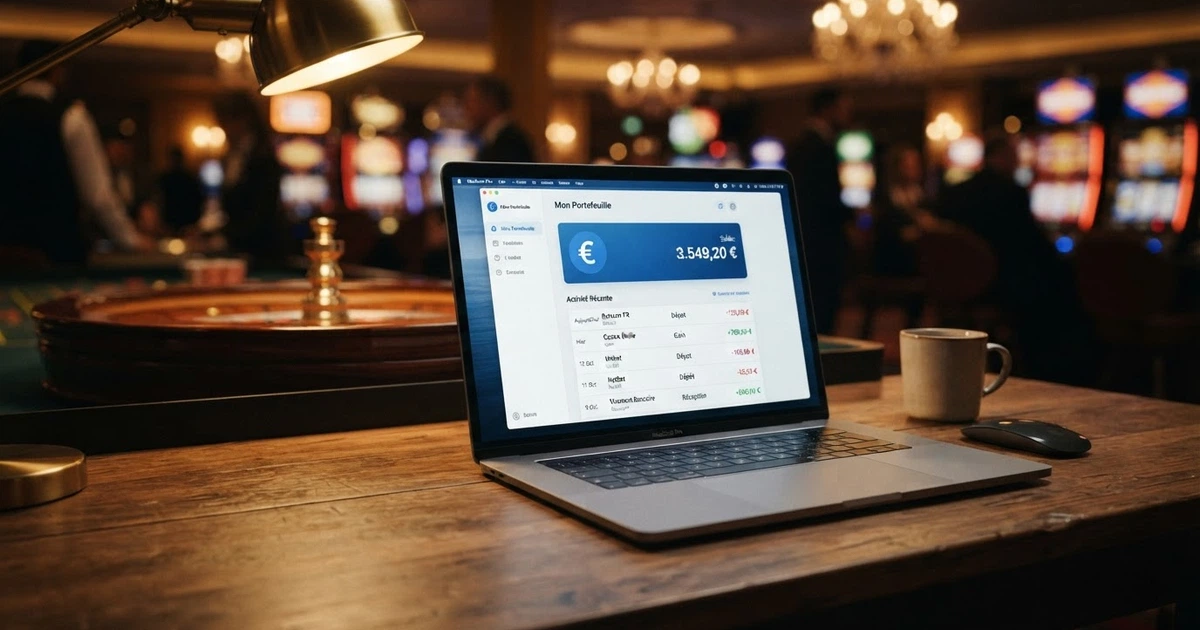 L'interface d'un portefeuille électronique MiFinity sur l'écran d'un ordinateur portable, avec des icônes de casino en arrière-plan