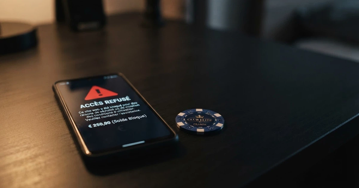 Logo MuchBetter sur fond sombre à côté du logo de l'ANJ et d'un smartphone affichant une alerte de site bloqué