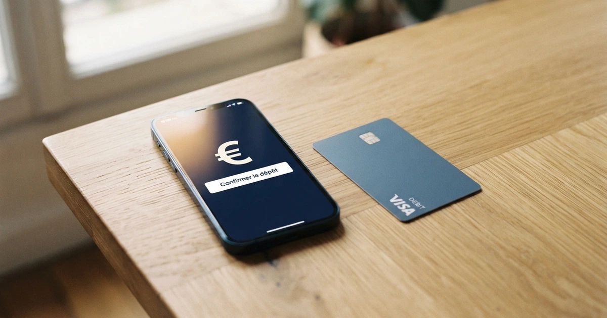 Une carte N26 Mastercard posée à côté d'un smartphone affichant la page de dépôt d'un casino en ligne