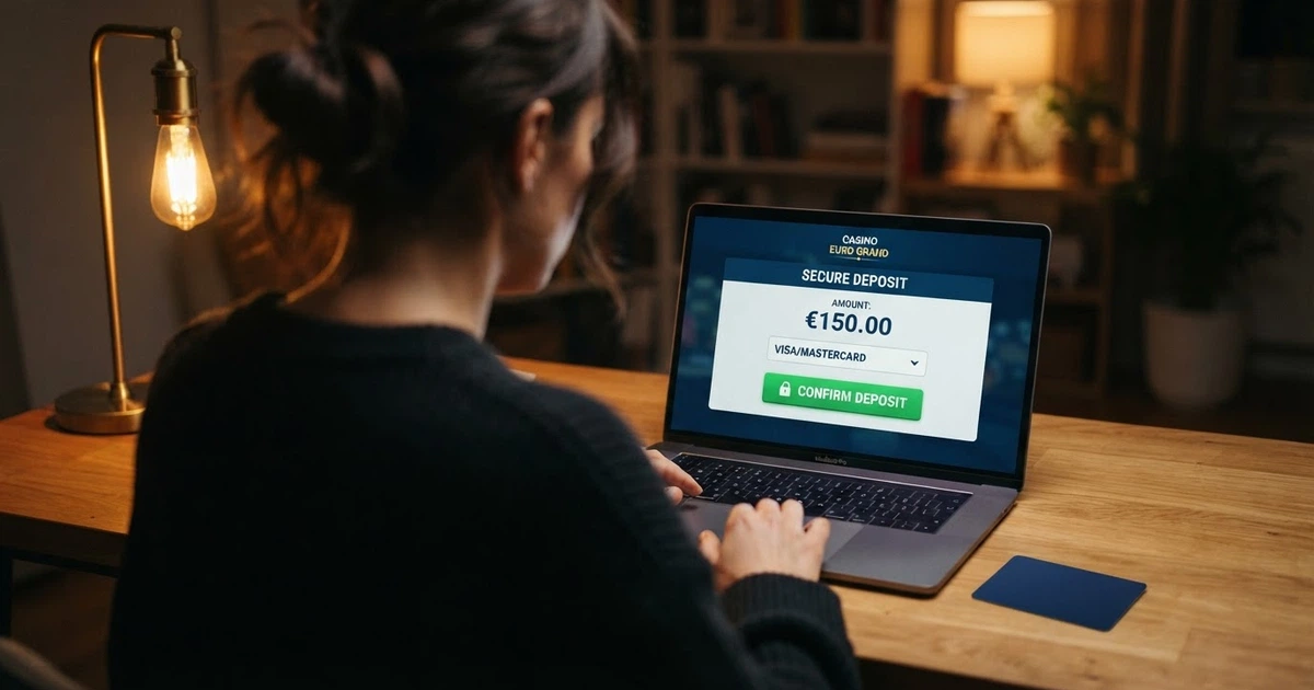 Un joueur consulte une page de dépôt sur l'écran de son ordinateur, une carte bancaire posée à côté du clavier, l'interface affiche un montant et un bouton de validation.