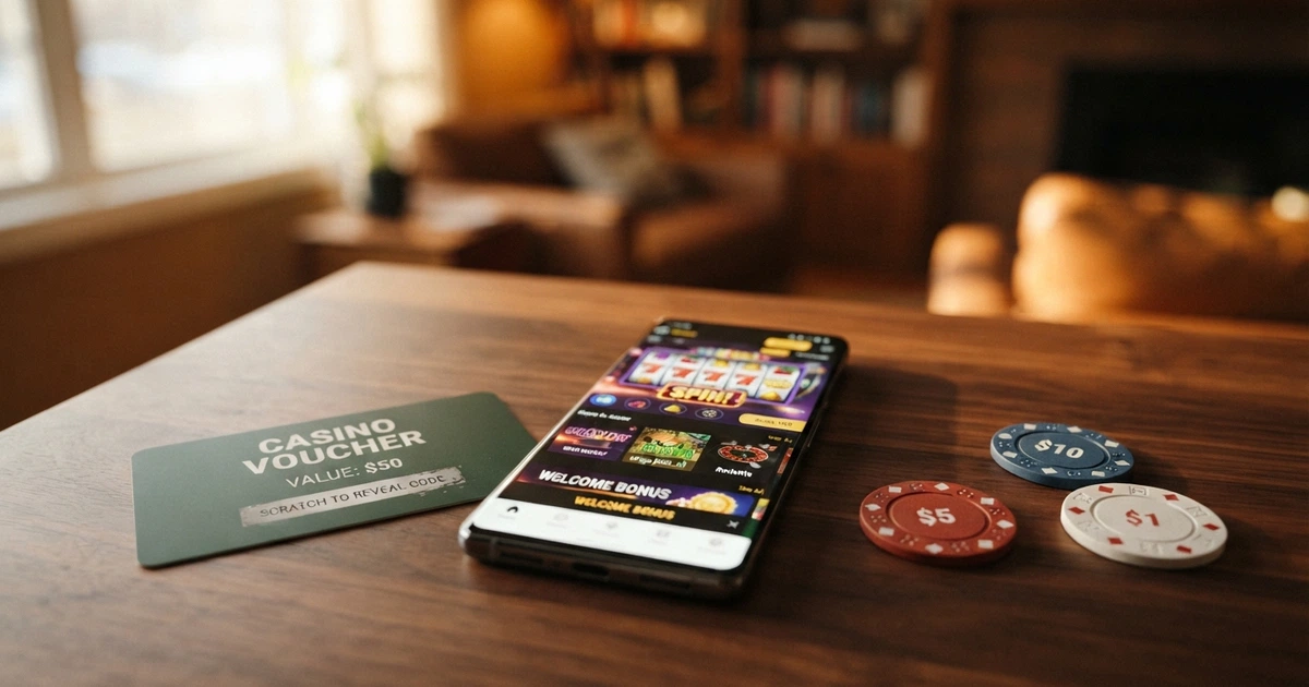 Une carte prépayée Paysafecard posée à côté d'un écran de smartphone affichant un lobby de casino en ligne, quelques billets de banque en arrière-plan