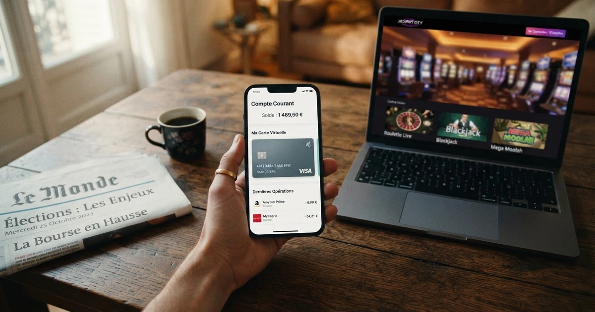 Interface de l'application Revolut sur un smartphone affichant une carte bancaire virtuelle, à côté de l'écran d'un ordinateur montrant la page d'accueil d'un casino en ligne