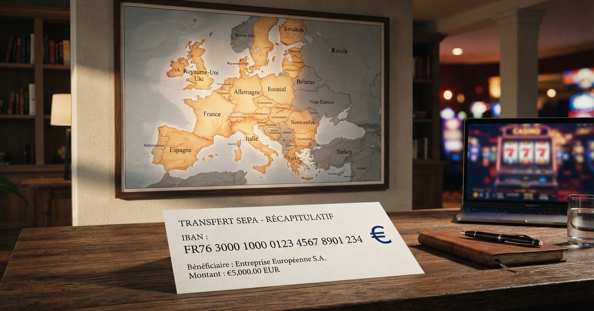 Une carte de la zone SEPA avec les 36 pays membres illuminés, un IBAN stylisé au premier plan et l'interface d'un casino en ligne en arrière-plan