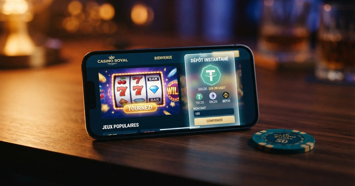 Interface d'un casino en ligne affichant l'option de dépôt en Tether USDT avec les logos TRC-20, ERC-20 et BEP-20