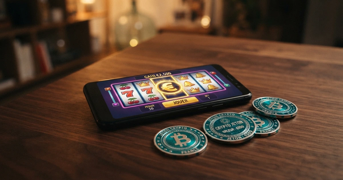 Jetons de crypto-monnaie Tron (TRX) posés sur un écran de smartphone affichant une interface de casino en ligne avec des machines à sous