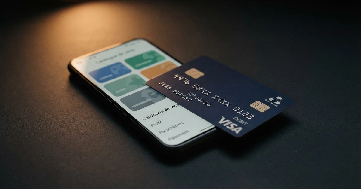 Une carte bancaire Visa posée en diagonale sur un écran de smartphone affichant une grille de logos de casinos en ligne, sur fond sombre