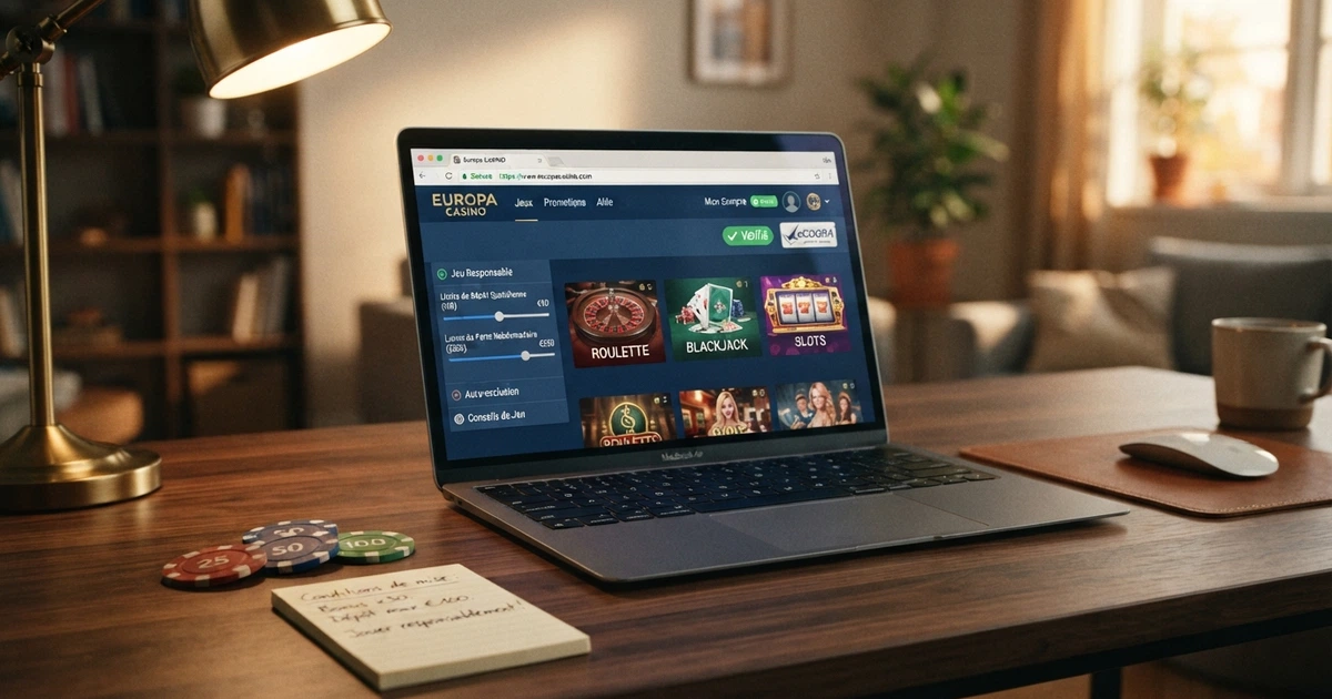 Interface d'un casino en ligne affichant un cadenas de sécurité, une licence visible et des outils de jeu responsable
