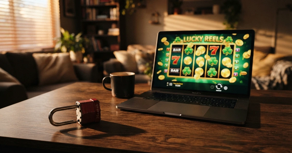 Un écran d'ordinateur affichant une page de casino en ligne, avec un cadenas rouge barré superposé au premier plan.
