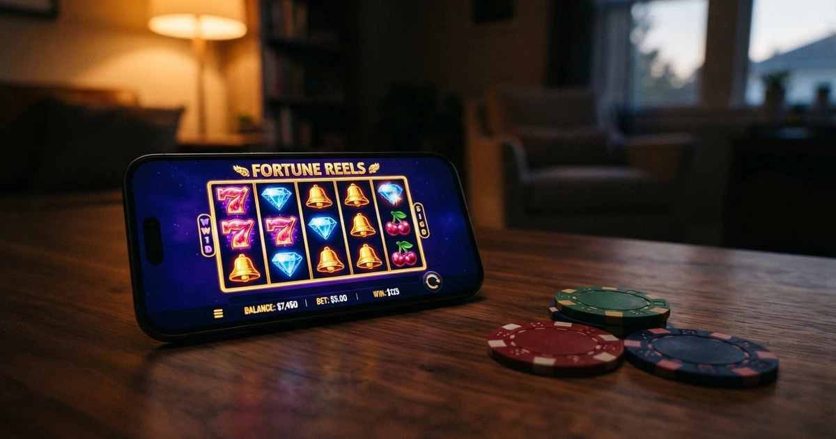 Smartphone affichant une interface de casino en ligne avec des jeux de machines à sous, posé sur une table
