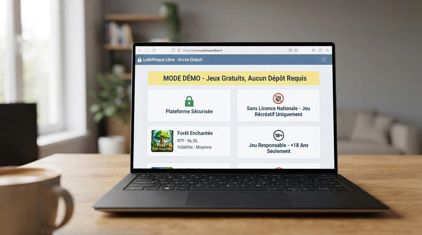 Une liste de repères visuels superposée à l'écran d'accueil d'une plateforme de jeux : cadenas SSL, absence de champ de dépôt, mention du mode démo, logo ANJ barré pour signaler l'absence d'agrément