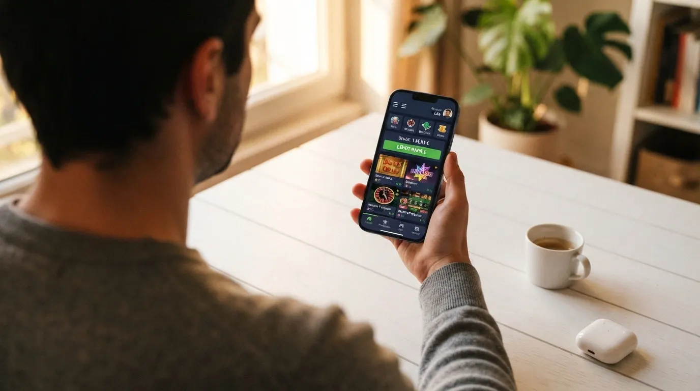 Smartphone affichant le lobby d'un site de jeu avec l'option dépôt par carte bancaire visible