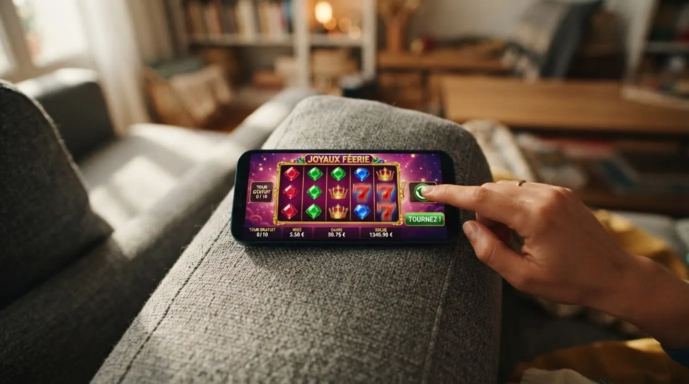 Un smartphone tenu en main affichant une machine à sous en cours de partie sur un casino en ligne via navigateur mobile, avec l'interface tactile visible.