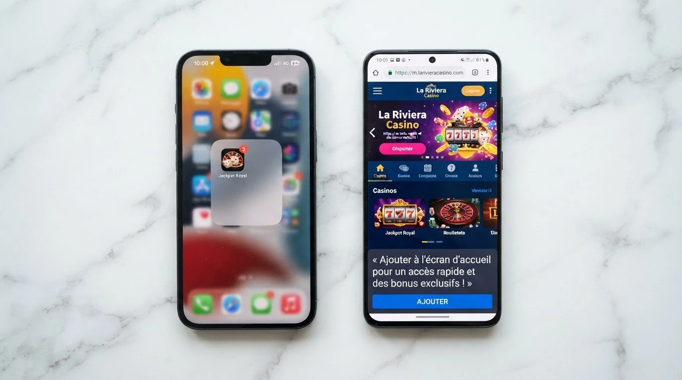 Deux téléphones posés côte à côte : celui de gauche affiche une application native de casino avec son icône sur l'écran d'accueil, celui de droite montre un casino ouvert dans un navigateur mobile avec la bannière « Ajouter à l'écran d'accueil »
