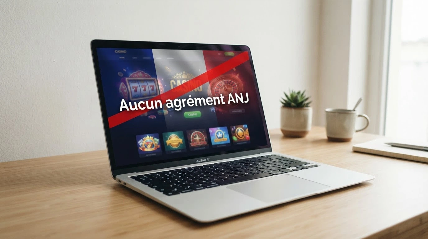 Interface d'un casino en ligne affichée sur un écran, avec un drapeau français en surimpression barré d'un avertissement — aucun casino en ligne n'est agréé ANJ