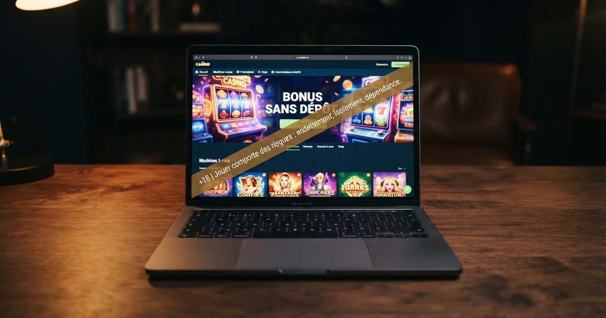 Un écran affichant la page d'accueil d'un casino en ligne avec une bannière « bonus sans dépôt », barrée d'un bandeau d'avertissement transparent en surimpression