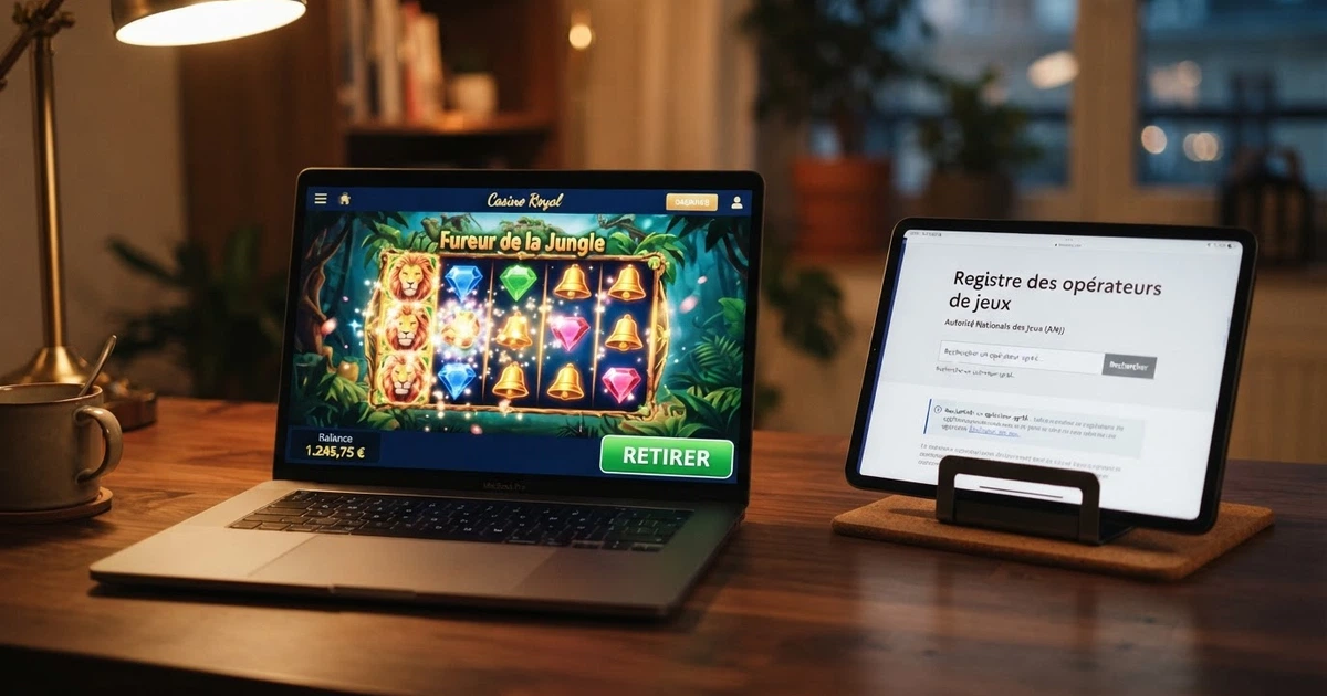 Écran partagé montrant d'un côté l'interface de retrait d'un casino en ligne avec le bouton « retirer » mis en évidence, et de l'autre le logo de l'ANJ et la mention « registre des opérateurs agréés »
