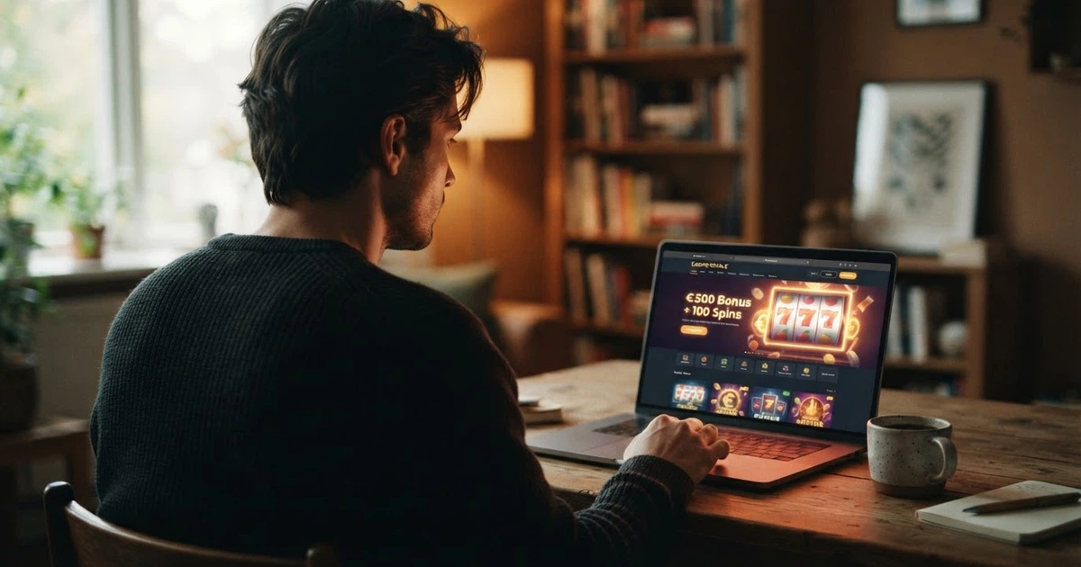Un joueur français assis devant son ordinateur portable, l'écran affichant une page d'accueil de casino en ligne sans mention de vérification d'identité