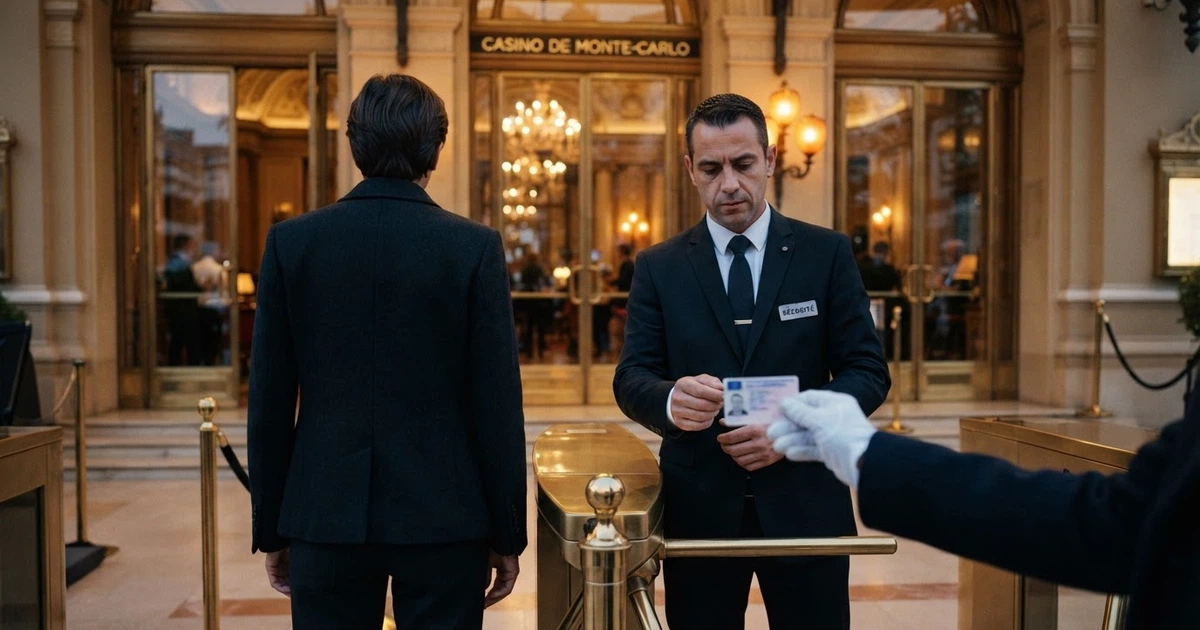 Un agent de sécurité vérifiant une carte nationale d'identité à l'entrée d'un casino français, le joueur présentant son document au contrôle