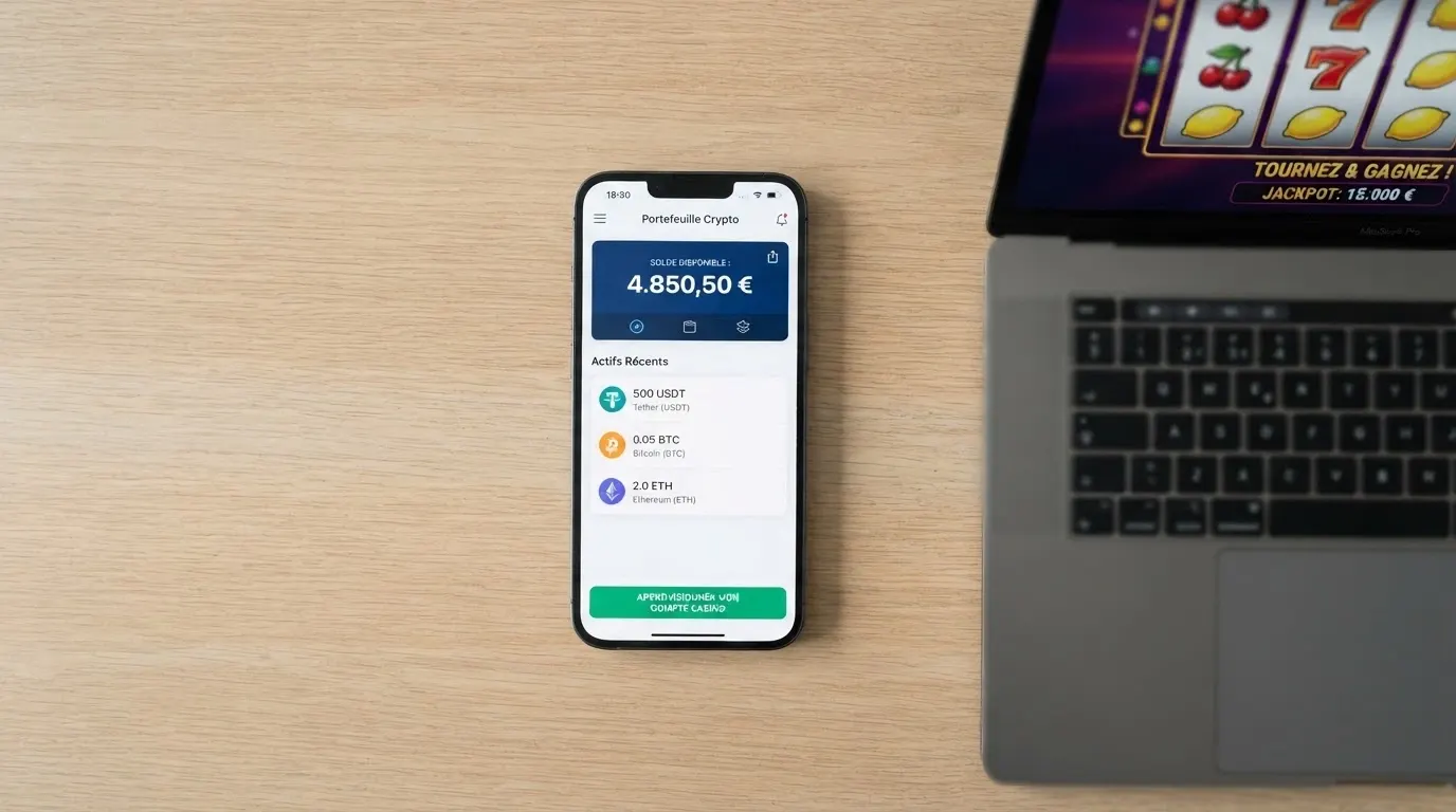 Un téléphone affichant un portefeuille crypto avec les logos Bitcoin, Ethereum et USDT, relié par une flèche à l'interface d'un casino en ligne