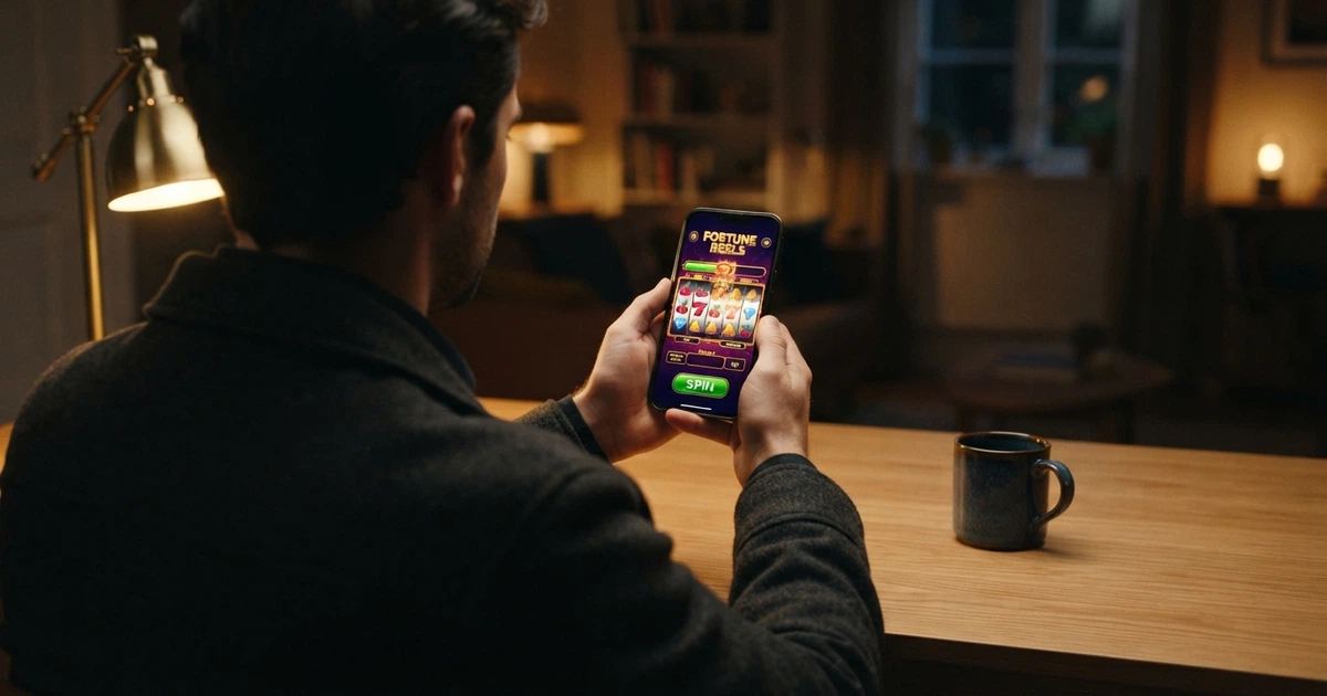 Un joueur consultant une application de casino mobile sur son téléphone, l'écran affichant une machine à sous colorée avec ses rouleaux et ses boutons de mise