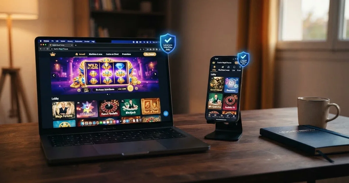 Page d'accueil d'un casino en ligne affichant un badge de licence Anjouan, écran d'ordinateur et smartphone côte à côte