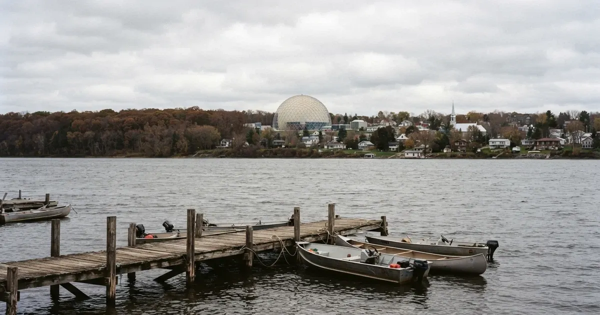 Territoire mohawk de Kahnawà:ke vu depuis le fleuve Saint-Laurent, avec le dôme du datacenter Mohawk Internet Technologies en arrière-plan