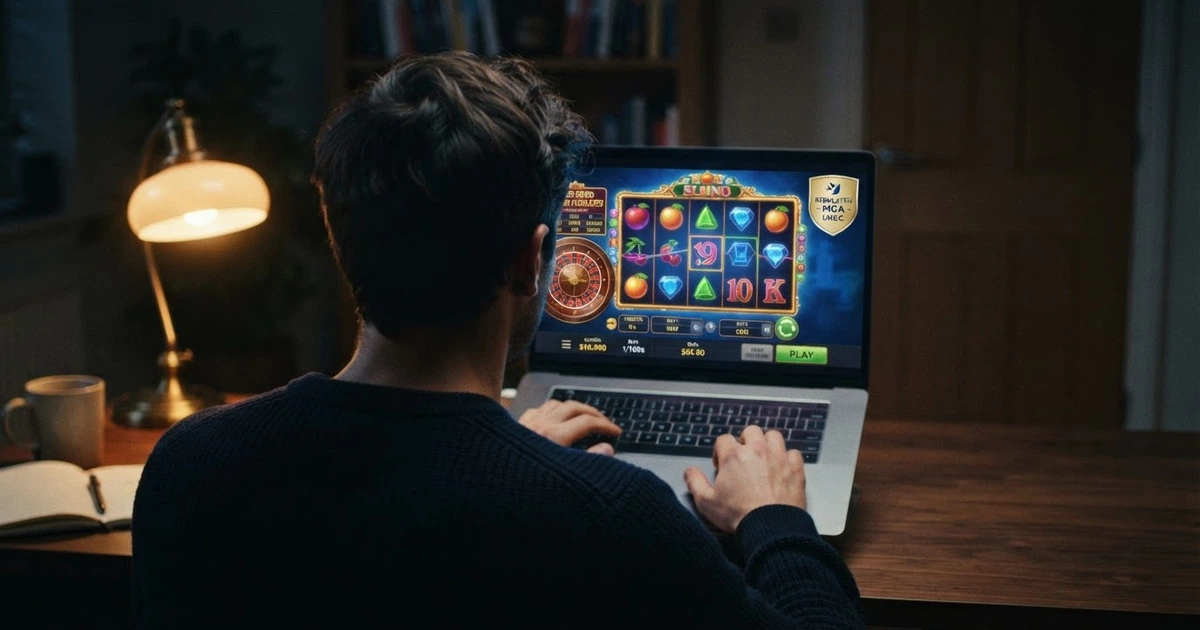 Un casino en ligne affiché sur un écran avec le sceau officiel de la Malta Gaming Authority en surimpression