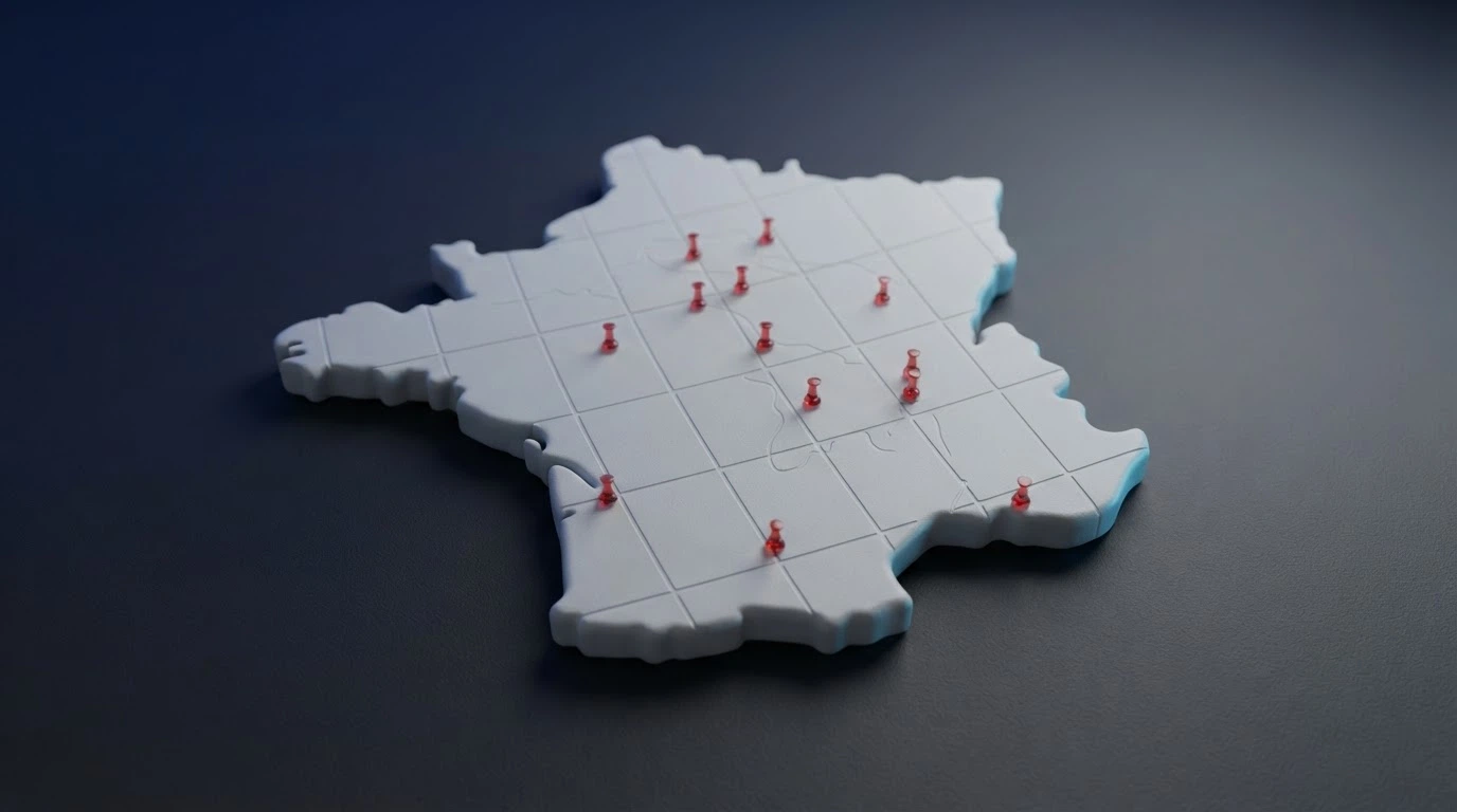Carte de la France avec des marqueurs signalant les casinos offshore accessibles en ligne