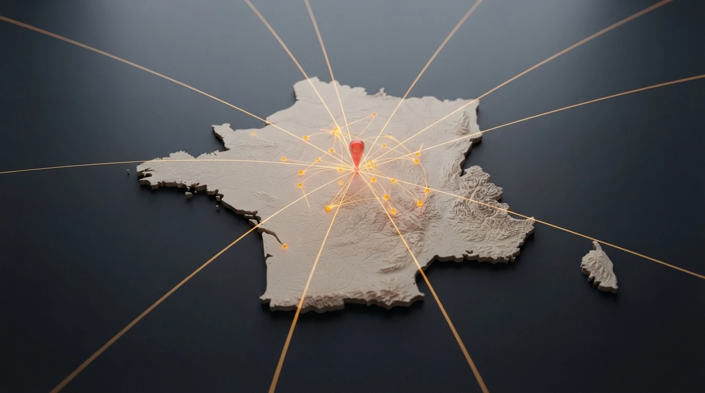 Une carte de la France avec des points représentant les casinos offshore qui ciblent les joueurs français, reliés par des lignes traversant les frontières.