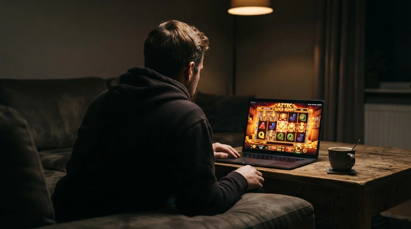 Un joueur devant un écran partagé entre un site de casino aux couleurs criardes à gauche et le logo de l'ANJ barré d'une croix rouge à droite