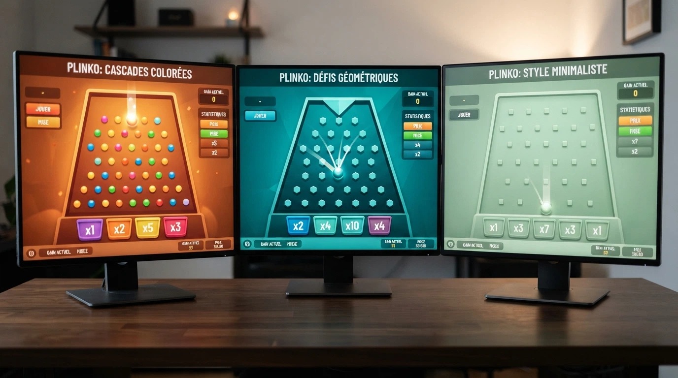 Écran partagé montrant trois interfaces de casinos en ligne avec le jeu Plinko ouvert, chacune affichant une interface de jeu différente