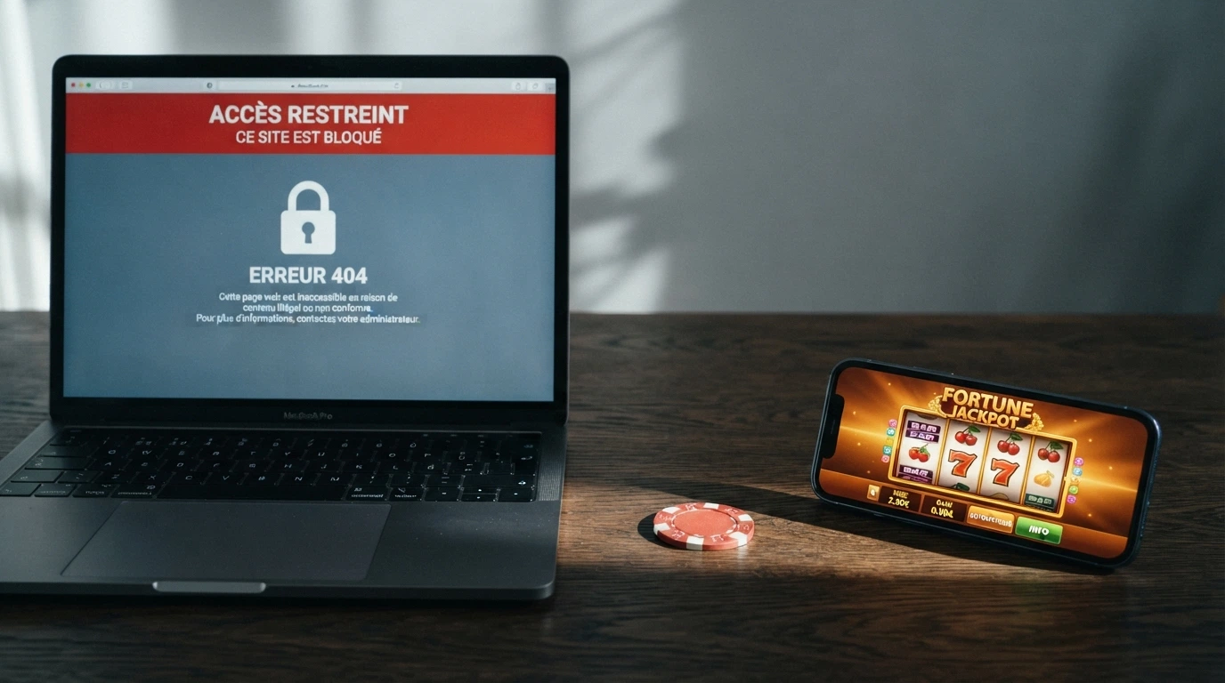 Écran partagé entre le logo de l'ANJ et l'interface d'un casino en ligne, symbolisant la tension entre régulation française et offre offshore