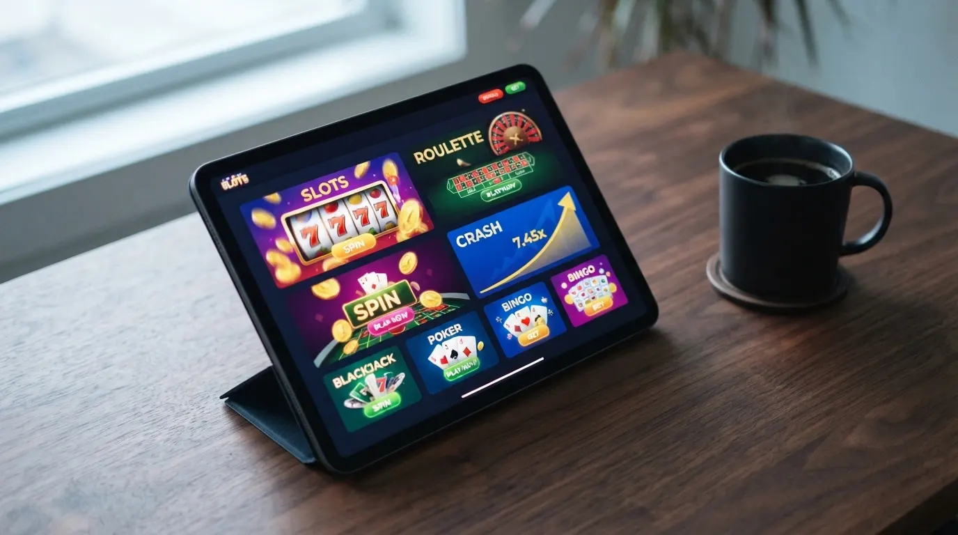 Galerie de vignettes de machines à sous en ligne sur l'écran d'accueil d'un casino, présentant des titres et des jackpots