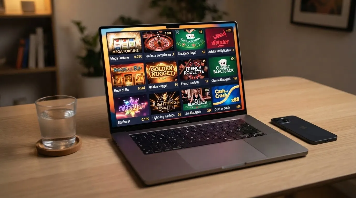 Galerie de vignettes de jeux de casino en ligne — machines à sous, roulette, blackjack et crash game — sur l'interface d'un casino sans KYC